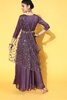 Purple embroidered art silk long-kurtis
