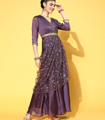 Purple embroidered art silk long-kurtis