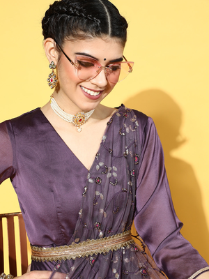 Purple embroidered art silk long-kurtis 4