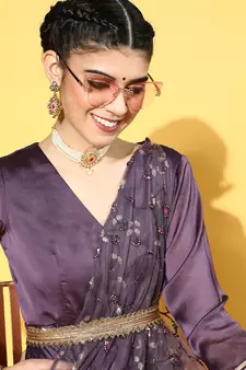 Purple embroidered art silk long-kurtis