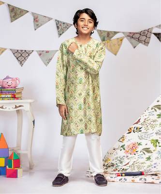 PS Kids by Payal Singhal Mint Printed Silk Kurta with Off white Cotton Silk Churidar 1