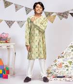 PS Kids by Payal Singhal Mint Printed Silk Kurta with Off white Cotton Silk Churidar