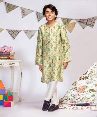 PS Kids by Payal Singhal Mint Printed Silk Kurta with Off white Cotton Silk Churidar 2