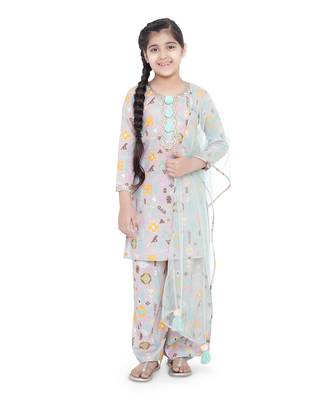 PS Kids by Payal Singhal Lavender Colour Printed Cotton Kurta with Palazzo and Aqua Colour Net Dupatta for Girls 1