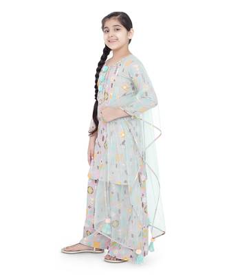 PS Kids by Payal Singhal Lavender Colour Printed Cotton Kurta with Palazzo and Aqua Colour Net Dupatta for Girls 2