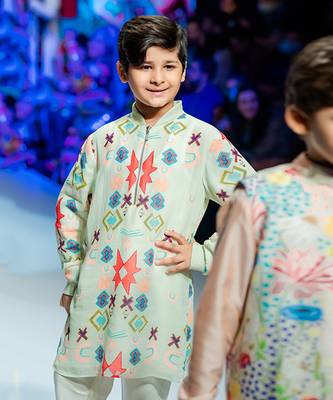 PS Kids by Payal Singhal White Colour Printed Art Georgette Bomber Kurta with Off White Colour Cotton Silk Churidar 2