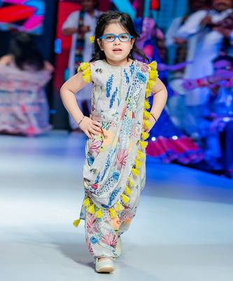 PS Kids by Payal Singhal Stone Colour Printed Art Crepe Crop Top and Low Crotch Pant with Attached Drape 1