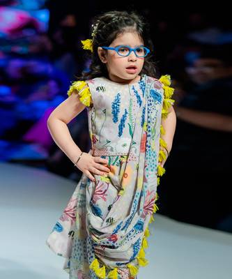 PS Kids by Payal Singhal Stone Colour Printed Art Crepe Crop Top and Low Crotch Pant with Attached Drape 2