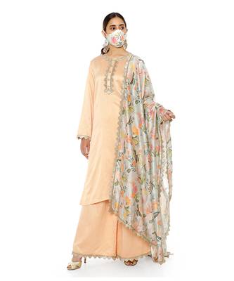 Peach Colour Chanderi Stripe Kurta with Palazzo and Aqua Handpaint Printed Silkmul Dupatta 1