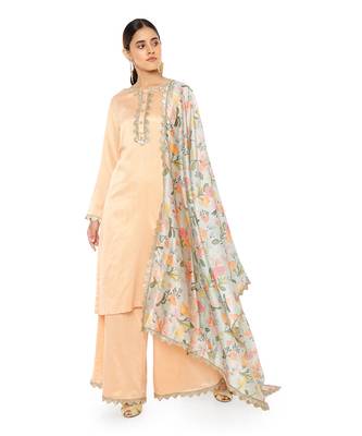 Peach Colour Chanderi Stripe Kurta with Palazzo and Aqua Handpaint Printed Silkmul Dupatta 2
