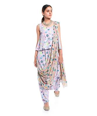 Lavender Lime Colour Printed Art Crepe Top and Low Crotch pant with Attached Art Georgette Drape Dupatta 1
