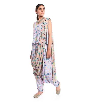 Lavender Lime Colour Printed Art Crepe Top and Low Crotch pant with Attached Art Georgette Drape Dupatta 2