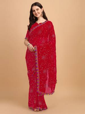 Red Printed Georgette Saree With Blouse 1