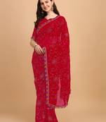 Red Printed Georgette Saree With Blouse