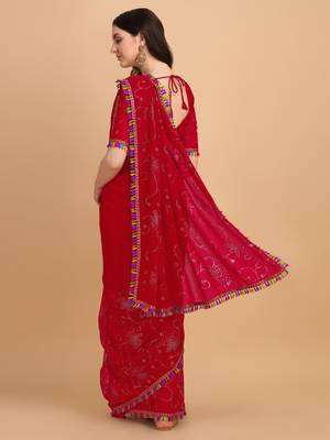 Red Printed Georgette Saree With Blouse 2