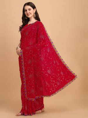 Red Printed Georgette Saree With Blouse 3