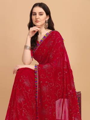 Red Printed Georgette Saree With Blouse 5