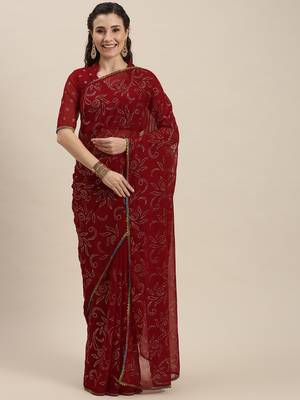 Red woven georgette saree with blouse 1