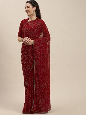 Red woven georgette saree with blouse 3