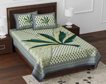 JAIPUR FABRIC Croton Green Queen Size Pure Cotton Single Bedsheet with 2 Pillow Covers 1