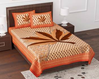 JAIPUR FABRIC Croton Orange Queen Size Pure Cotton Single Bedsheet with 2 Pillow Covers 1
