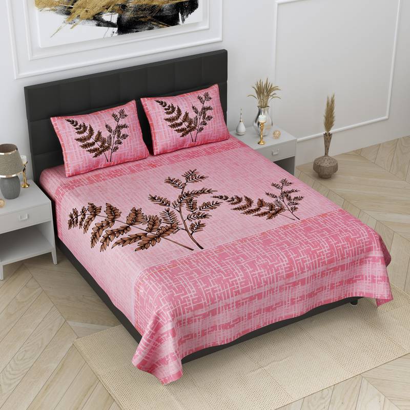 JAIPUR FABRIC Leafy Twigs Pink Pure Cotton King Size Bedsheet With 2 Pillow Covers