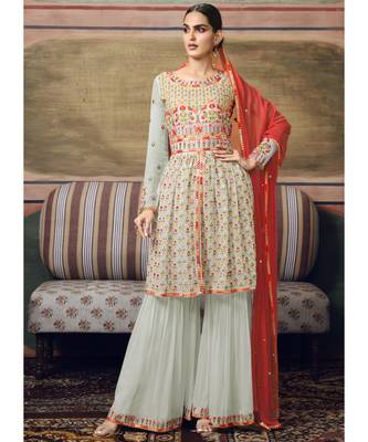 Teal Blue Traditional Multi Embroidered Georgette Sharara Suit 1