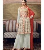 Teal Blue Traditional Multi Embroidered Georgette Sharara Suit