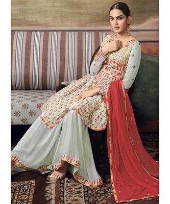 Teal Blue Traditional Multi Embroidered Georgette Sharara Suit 2