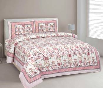JAIPUR FABRIC Pure Cotton Artistic Modern Pink Cream Jaipuri Double Bedsheet With 2 Pillow Covers 1
