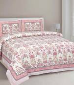 JAIPUR FABRIC Pure Cotton Artistic Modern Pink Cream Jaipuri Double Bedsheet With 2 Pillow Covers