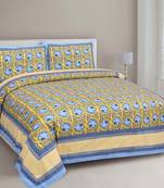 JAIPUR FABRIC Navy Blue Lotus on Yellow Base Floral Pure Cotton Double BedSheet With 2 Pillow Covers