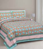 JAIPUR FABRIC Sky Blue Lotus on Pink Base Floral Pure Cotton Double BedSheet With 2 Pillow Covers