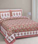 JAIPUR FABRIC Floral Bouquette Red Boota Border Pure Cotton Double BedSheet With 2 Pillow Covers