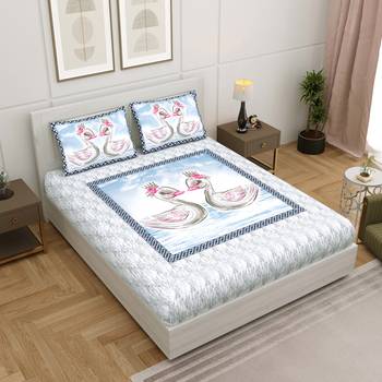 JAIPUR FABRIC Kids Delighted Ducks Blue King Size Bedsheet With 2 Pillow Covers 1