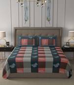 JAIPUR FABRIC Square Green Peach Checkered Floral Cotton King Size Bedsheet 2 Pillow Covers