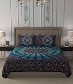 JAIPUR FABRIC Blue Peacock Feather Mandala Cotton Double Bedsheet With 2 Pillow Covers