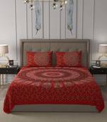 JAIPUR FABRIC Red Zigzag Mandala Cotton Double Bedsheet With 2 Pillow Covers