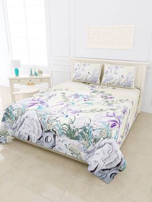 JAIPUR FABRIC Deep Sea Cream Purple Digital Print Luxury Cotton King Size Bedsheet With 2 Pillow Covers 1