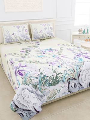 JAIPUR FABRIC Deep Sea Cream Purple Digital Print Luxury Cotton King Size Bedsheet With 2 Pillow Covers 2