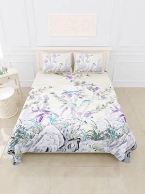 JAIPUR FABRIC Deep Sea Cream Purple Digital Print Luxury Cotton King Size Bedsheet With 2 Pillow Covers 3