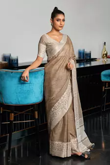 Beige woven linen saree with blouse