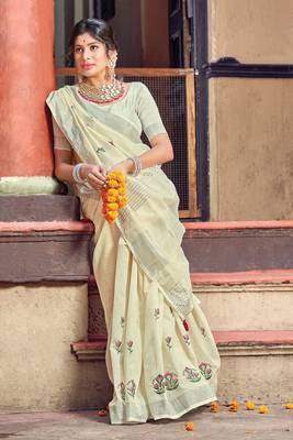 Off White Woven Linen Saree With Blouse 1