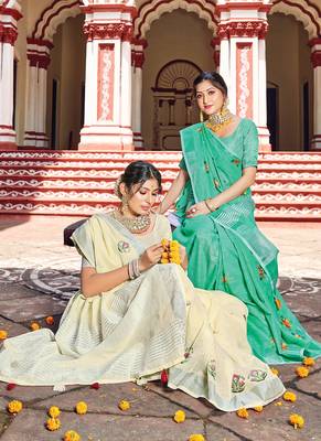 Off White Woven Linen Saree With Blouse 2