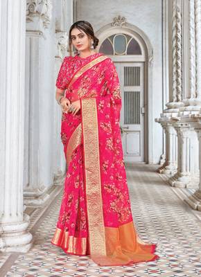 Pink Printed Organza Saree With Blouse 1