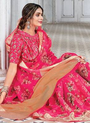 Pink Printed Organza Saree With Blouse 2