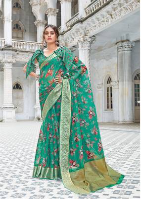 Green Printed Organza Saree With Blouse 1