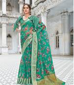 Green Printed Organza Saree With Blouse