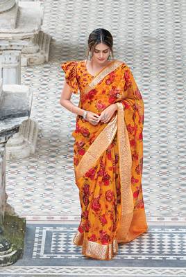 Mustard Printed Organza Saree With Blouse 1