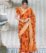 Mustard Printed Organza Saree With Blouse